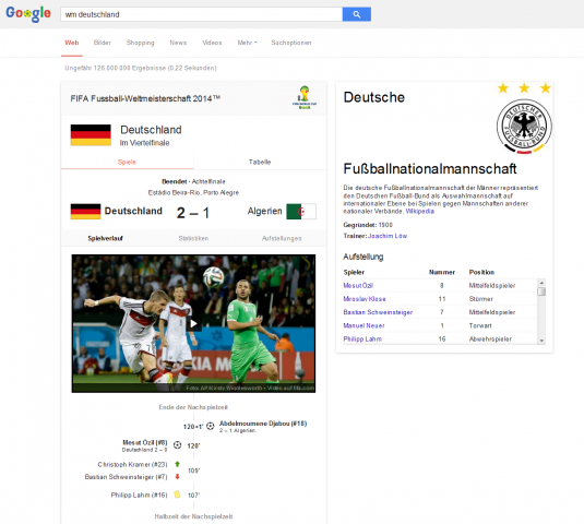 Bei Anfragen wie &quot;WM Deutschland&quot; liefert Google die Ergebnisse ganz einfach selbst. (Screenshot: Golem.de)